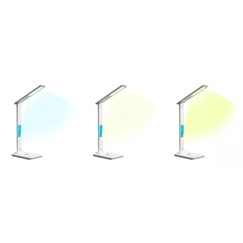 Media-Tech MT222 Leditou led-bureaulamp met 15 W Qi draadloze oplader, klok, wekker, thermometer, wit