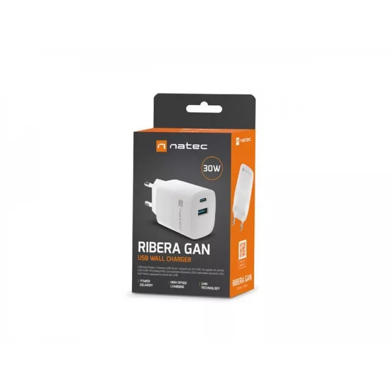 Bedrade oplader voor mobiele apparaten NATEC NUC-2140, 30W, USB-C PD 3.0 + USB-A, Samsung AFC, wit
