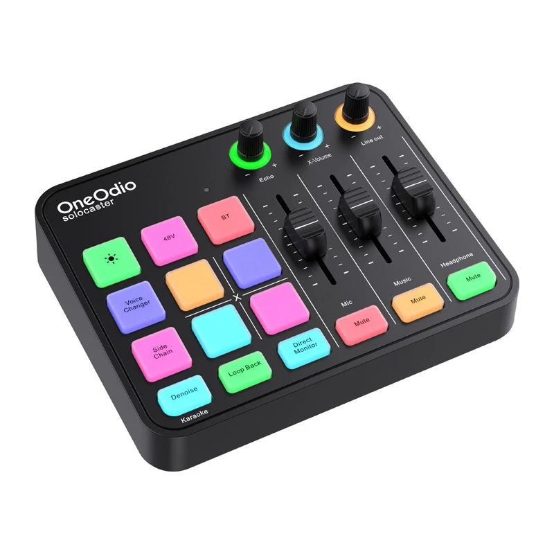 Audiomixer en USB-soundcard OneOdio Solocaster – compacte desktop-interface voor streaming en opnemen