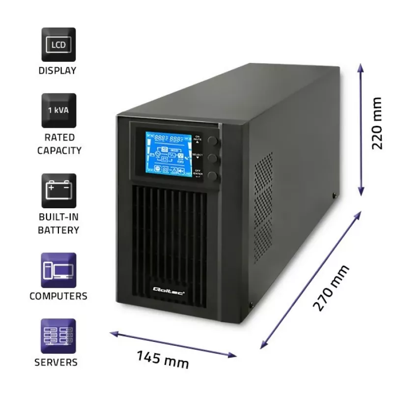 Qoltec 53042 UPS (uninterruptible power supply) dubbelconversie (online) 1 kVA 800 W 2 AC-uitgangen