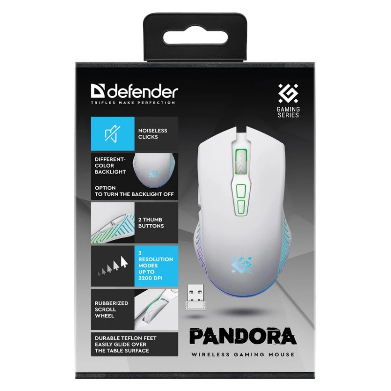 Draadloze gaming-muis DEFENDER Pandora White – ambidexter, 3200 DPI, 6 knoppen, programmeerbaar, optisch, USB