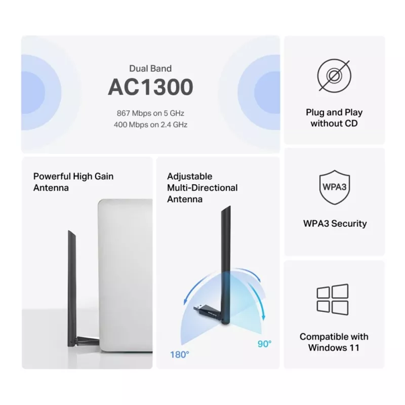 Mercusys MA30H AC1300 High Gain dualband wifi-USB-adapter, zwart