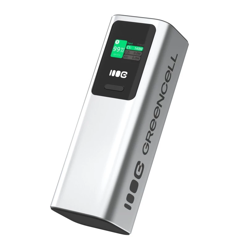 Draagbare batterij Green Cell PBGC25UD, 25200 mAh, Li‑ion, 140 W totaalvermogen, 2× USB‑C + 1× USB‑A, OLED-display, aluminium behuizing
