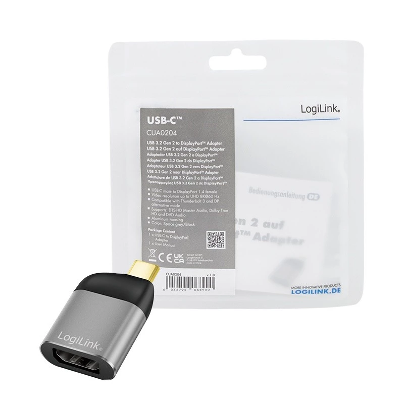 LogiLink CUA0204 USB-C naar DisplayPort-adapter zwart grijs