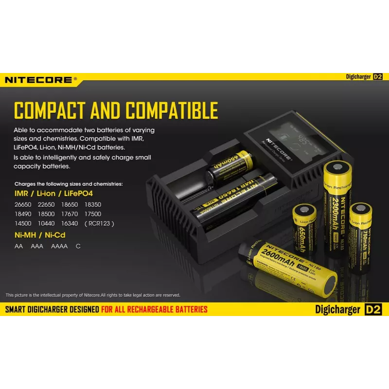 Batterijoplader Nitecore D2 — 2-vaks oplader voor AA/AAA/AAAA/C-accu's, 100–240V ingangsspanning, 4,2V uitgangsspanning, zwart