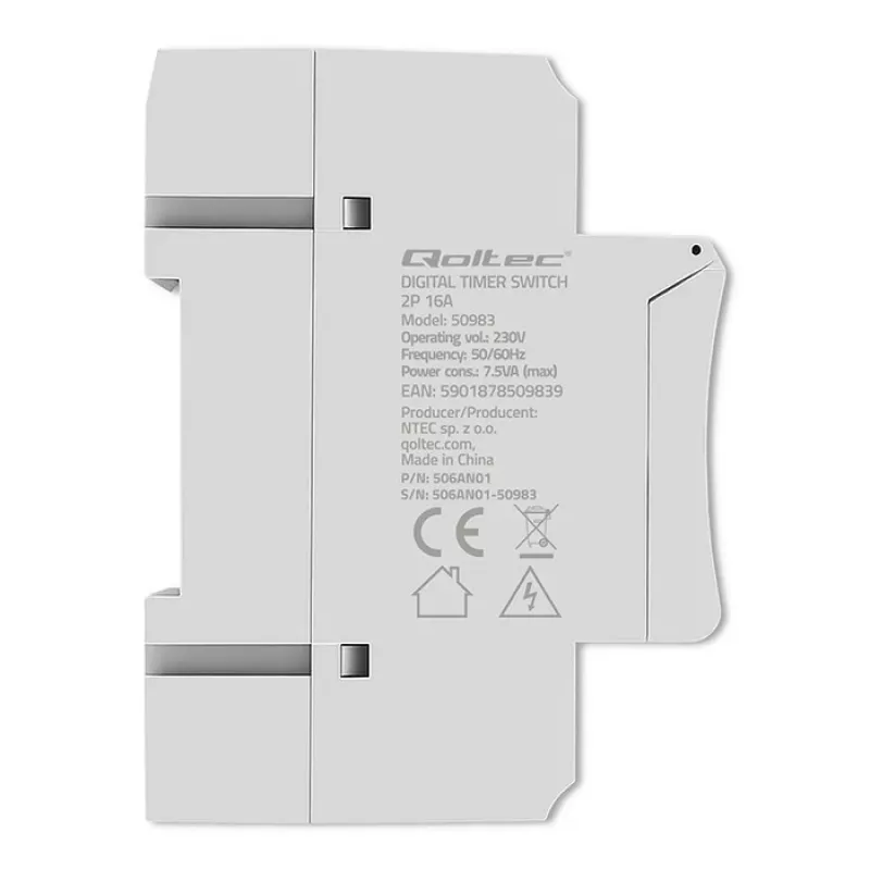 DIN-rail elektronische tijdschakelaar QOLTEC 50983, batterijgevoed, voor automatiseringsschakelingen