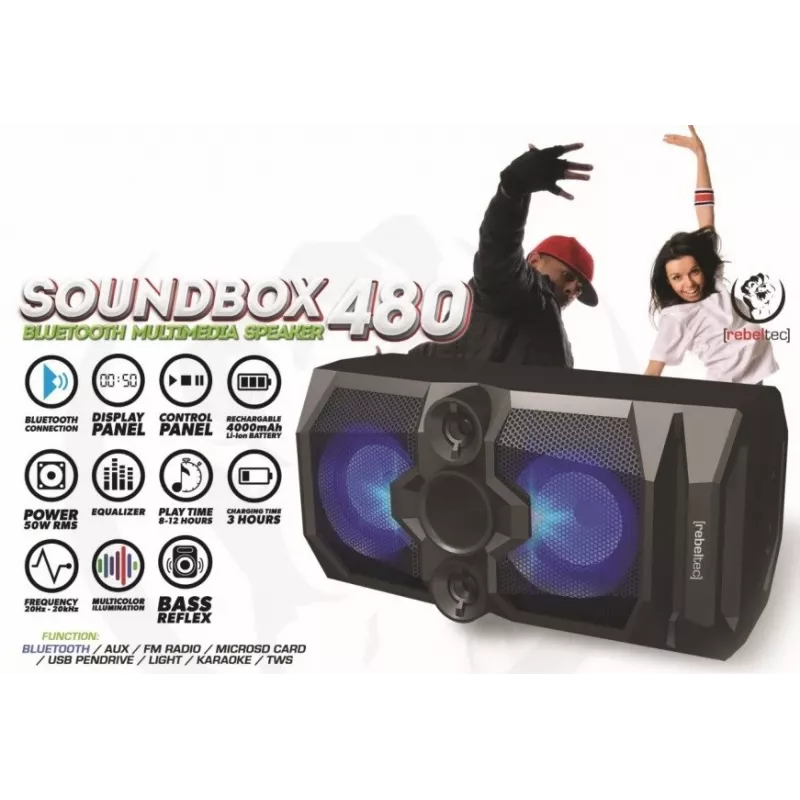 Rebeltec SoundBox 480 draagbare Bluetooth-stereoluidspreker Zwart, 50W RMS