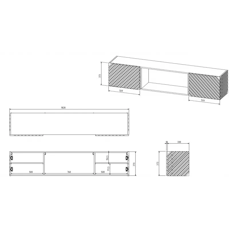 TV-kast Cama Meble LARA 183x35x37 cm, witte matte bovenkant, wit frame, zwarte haard