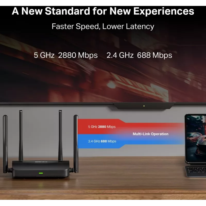 Tafelrouter MERCUSYS MR25BE EasyMesh Wi‑Fi 7 dual‑band 2,4/5 GHz, 3600 Mbit/s, 3× Gigabit-LAN, 4 externe antennes