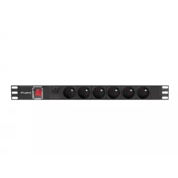 Stroomverdeeleenheid LANBERG PDU-06E-0200-BK — 6x Type-E-uitgangen, 16 A, 2 m kabel, 1HE rack, 220–250 V