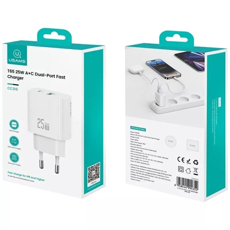 Oplader usams USA001630 25W, 1× USB-A + 1× USB-A, snelladen