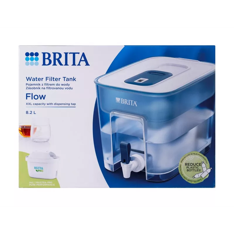 BRITA Flow 1052805 waterfilterdispenser met MAXTRA PRO Pure Performance-filterpatroon, 8,2 l (5,2 l gefilterd), blauw