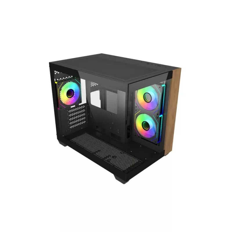 Pc-behuizing Cooler Master Elite 481 Wood — dual-chamber mATX met natuurlijk houtdesign en twee tempered-glass panelen