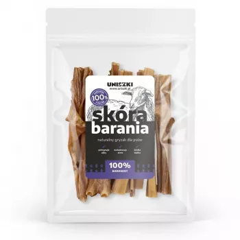 Hondensnack UNISZKI schapenhuid 100 g — hypoallergeen lam kauwartikel, 100 g zak, eiwit 50,79 %, vet 36,37 %