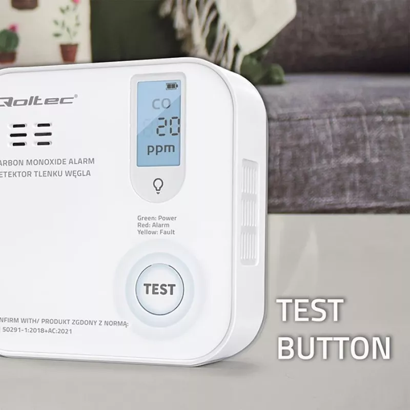 Koolmonoxide-sensor QOLTEC 52577 — batterijgevoed alarm, 85 dB geluidsniveau
