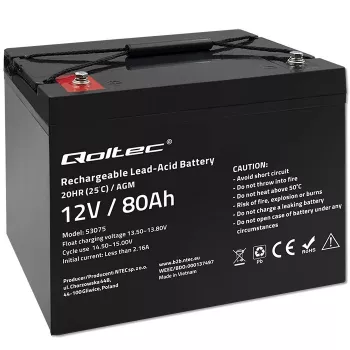 Qoltec accu AGM | 12V | 80Ah | 23.5kg | onderhoudsvrij | krachtig | LongLife | voor UPS, camper, boot, kachel
