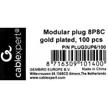 RJ45-stekker GEMBIRD PLUG3UP6/100, Cat5, rechte stekker, transparant, vergulde contacten, 100-pack