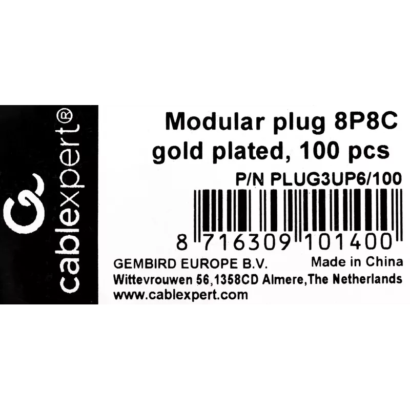 RJ45-stekker GEMBIRD PLUG3UP6/100, Cat5, rechte stekker, transparant, vergulde contacten, 100-pack