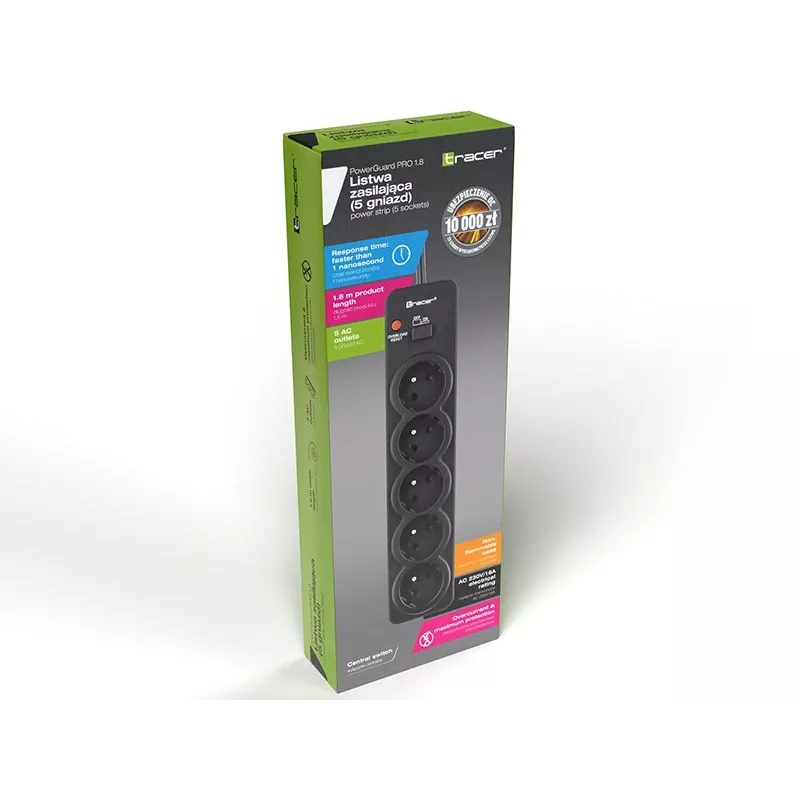 Tracer PowerGuard PRO zwart 5 AC-stopcontacten 1,6 m 3680 W