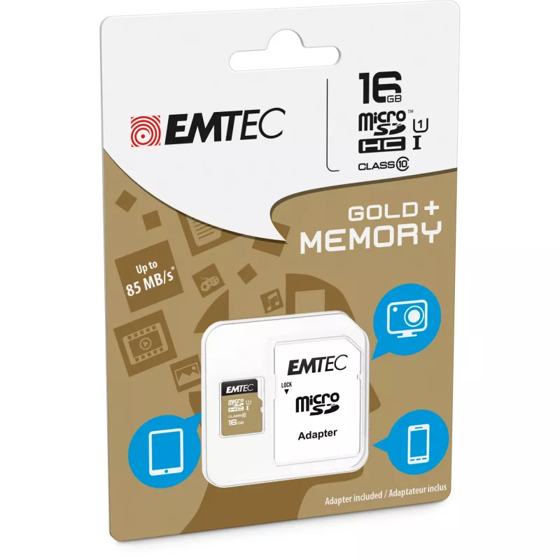 EMTEC Gold+ - flashgeheugenkaart (SD-adapter inbegrepen) - 16 GB - Class 10 - microSD - goud (ECMSDM16GHC10GP)