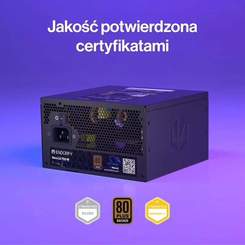 Voeding ENDORFY Vero L6 750 W, 24-polig ATX, 80 PLUS Bronze, 120 mm ventilator, zwart