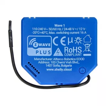 Slimme relaismodule Shelly Qubino Wave 1 kunststof 110-240V 16A, Z-Wave 868,4 MHz, blauw, wandmontage