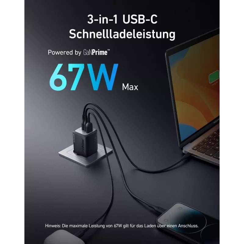 Indoor USB-snellader Anker Prime A2669313 – 67 W, 1×USB-A, 2×USB-C, zwart