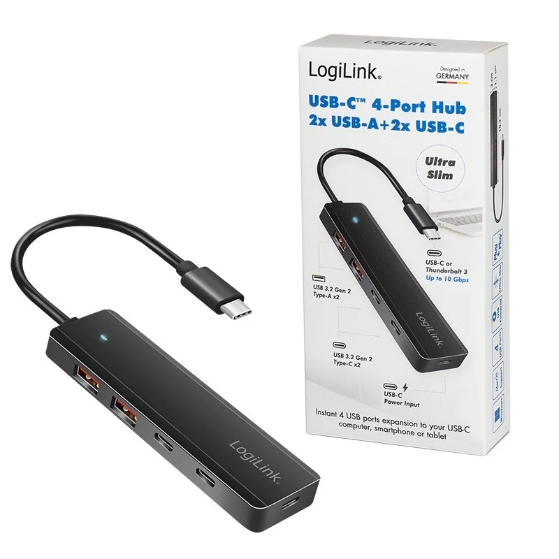 USB-C-hub, 4 poorten 2x USB-A, 2x USB-C, zwart