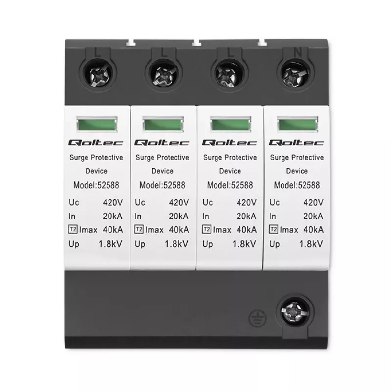 Overspanningsbeveiliging QOLTEC 52588 AC 4P 420V T2 C — 4-polige AC-overspanningsafleider, 420 V, Type 2