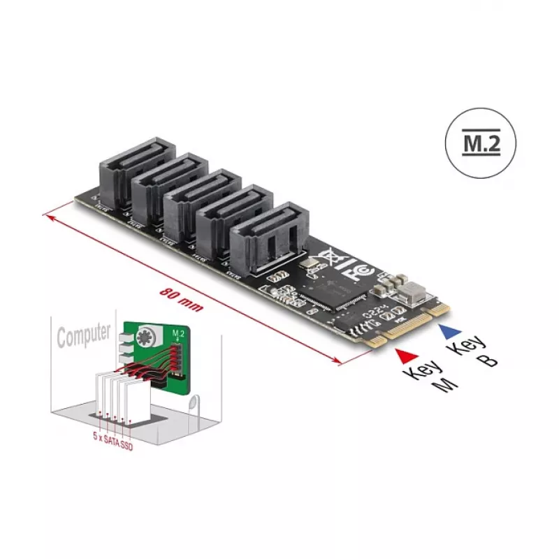 Interne SATA-adapter DELOCK 64241 M.2 (Key B+M) naar 5x SATA met JMicron JMB585, LED-indicatoren, voor pc