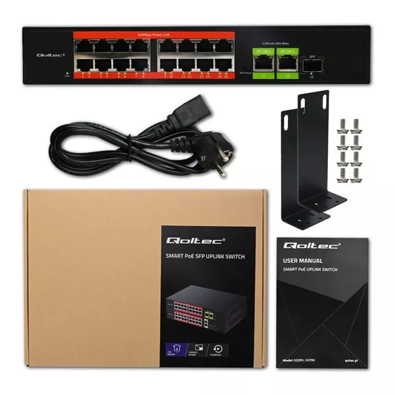Ethernet PoE-switch QOLTEC 16x RJ45, 2x RJ45 uplink, 1x SFP (MPN 52291)
