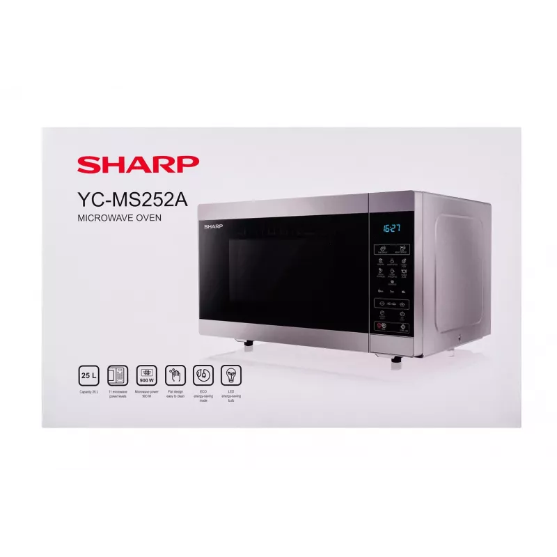 Magnetron Sharp YC-MS252AE-S, werkblad, 900 W, 25 L, 11 vermogensstanden, touchbediening, zilver