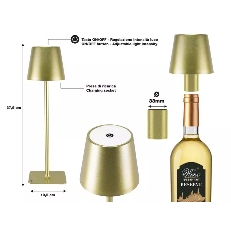 Beper P201UTP116 oplaadbare LED-tafellamp, 1,5 W, aanraakschakelaar, dimbaar, flesadapter van 33 mm, waterbestendig, goudkleurig