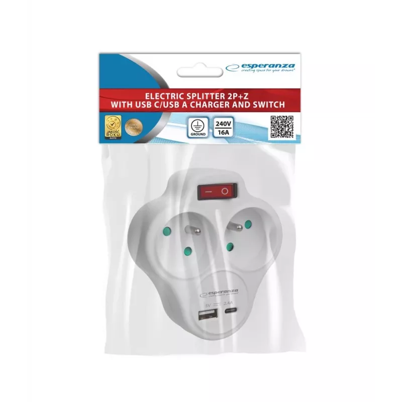 Esperanza ELK311W elektrische splitter 2 GN. USB-C USB-A IN. wit