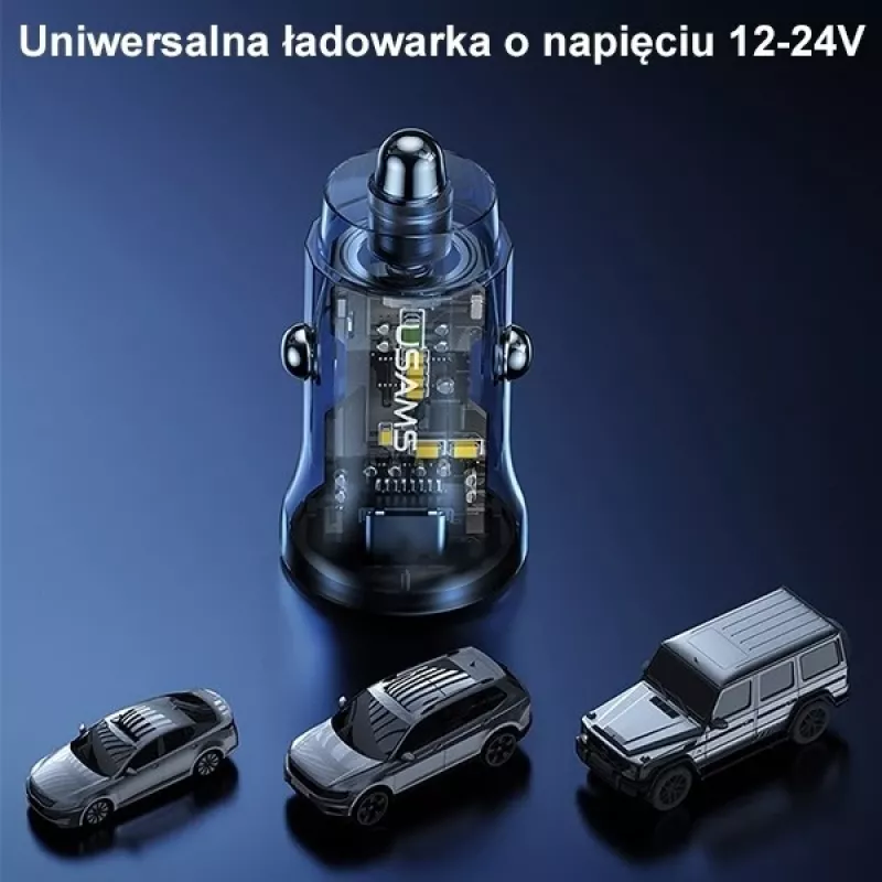 Autolader usams CC164CC01 30W met 1×USB-A en 1×USB-C voor snelladen