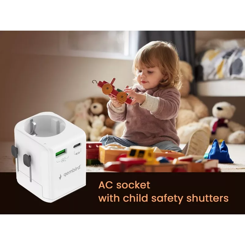 Reisvoeding GEMBIRD TPA-EU1A1C20-01-W 20W, USB-A 18W + USB-C 20W, Schuko-stopcontact, ingang 100–250 V