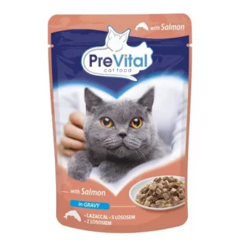 PREVITAL nattenvoer voor katten zalm in saus 100 g zakje — volwassen, 9% eiwit, 5% vet, 82% vocht
