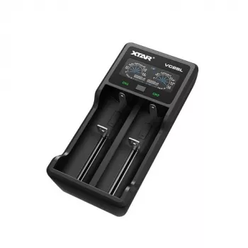 Batterijlader XTAR VC2SL — USB 5V 1A, LCD, laadt 2 cellen, compatibel Li-Ion/NiMH/NiCd, maten A/AA/AAA/AAAA/C/D/SC, zwart