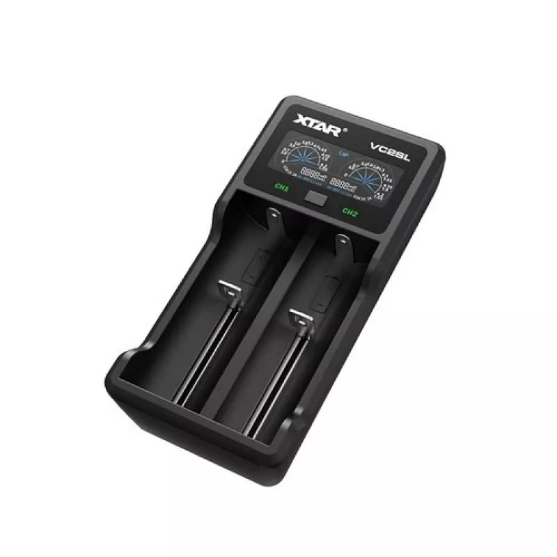 Batterijlader XTAR VC2SL — USB 5V 1A, LCD, laadt 2 cellen, compatibel Li-Ion/NiMH/NiCd, maten A/AA/AAA/AAAA/C/D/SC, zwart