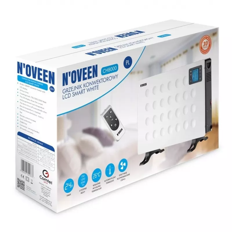 Convector-elektrische kachel NOVEEN CH8000 — 2000 W, 3 vermogensstanden, timer, afstandsbediening, wit
