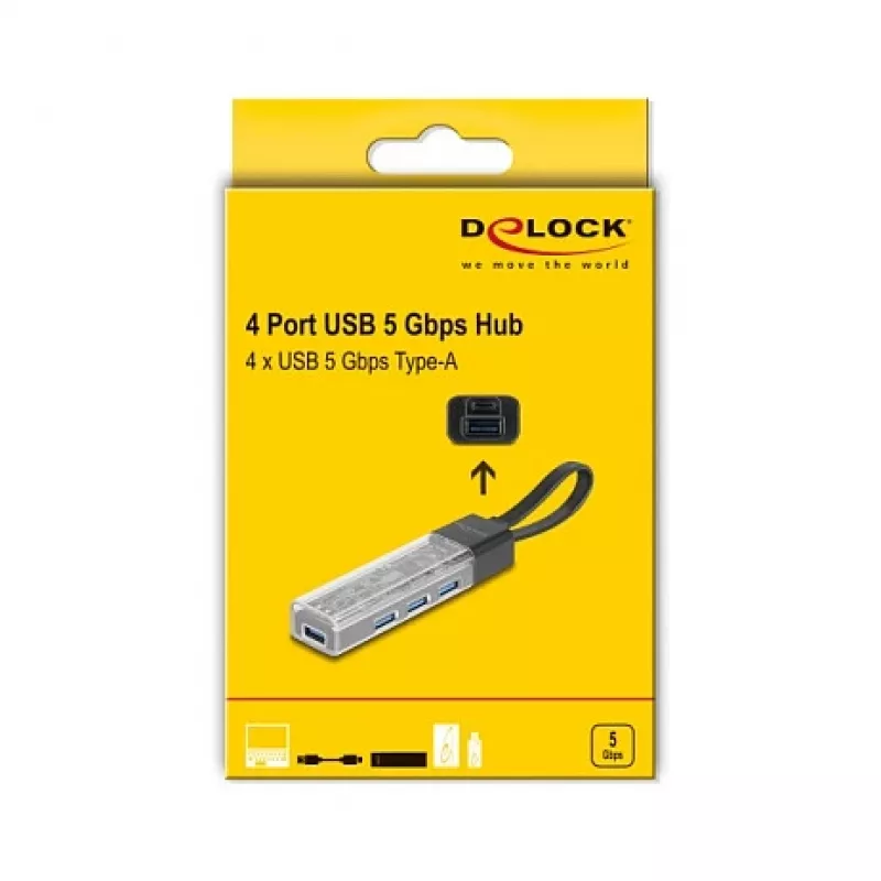 DELOCK USB 3.2 Gen 1 (3.1 Gen 1) 4-poorts hub met Type-A + Type-C host (5000 Mbit/s) zwart/transparant
