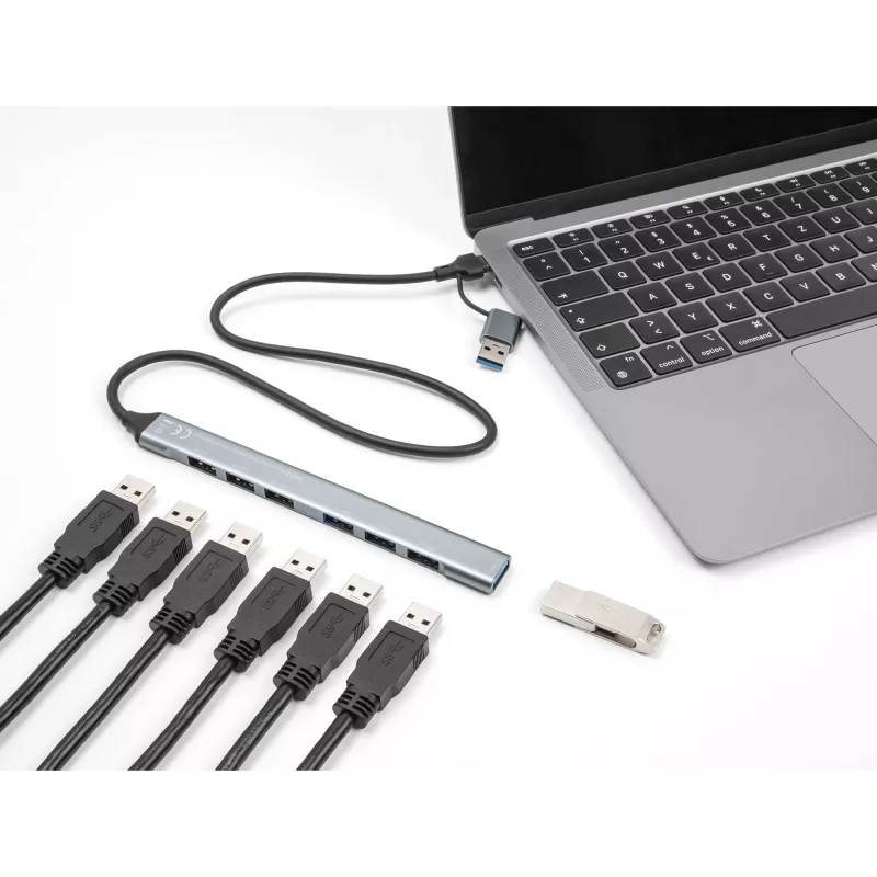 Delock 64273 slanke 7-poorts USB-hub, USB Type-C of Type-A naar 1x USB 5 Gbps Type-A + 6x USB 2.0 Type-A