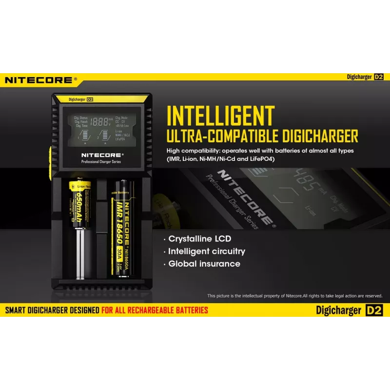 Batterijoplader Nitecore D2 — 2-vaks oplader voor AA/AAA/AAAA/C-accu's, 100–240V ingangsspanning, 4,2V uitgangsspanning, zwart