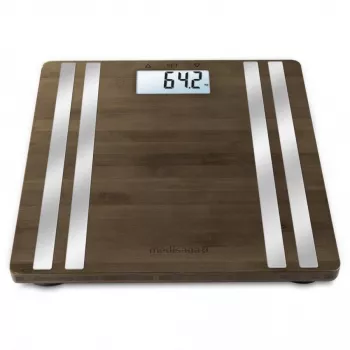 Elektronische personenweegschaal Medisana BS 552 — zilverkleurig met bamboe oppervlak, max. 180 kg, 100 g nauwkeurigheid, Bluetooth, BMI, lichaamssamenstelling