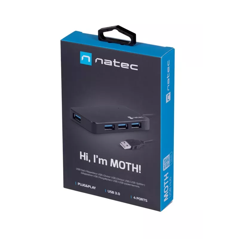 USB-hub NATEC Moth 4-poorts USB 3.2 Gen 1 Type-A (5000 Mbit/s), USB-gevoed, zwart, 0,15 m kabel