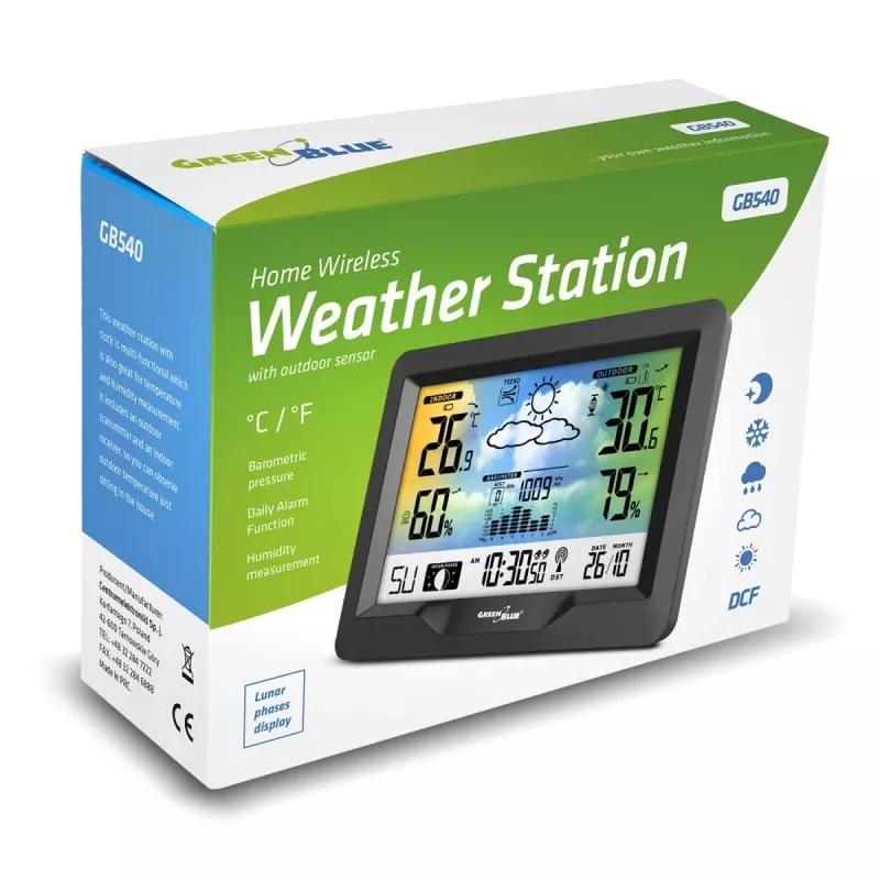 Hygrometer thermometer GreenBlue GB540 — indoor 0–50°C / outdoor -20–65°C, DCF-klok, buitensensor 60 m, zwart