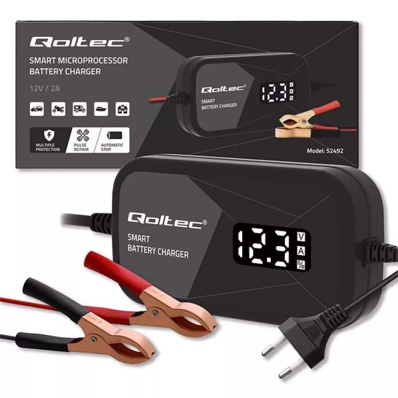 Batterijlader QOLTEC 52492 12V 2A met microprocessorsturing en celregeneratie