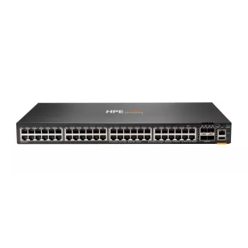 HPE - Aruba serie - Aruba 6300F - switch - L3 - managed - 48 x 10/100/1000 + 4 x 1 Gigabit / 10 Gigabit / 25 Gigabit / 50 Gigabit SFP56 (uplink / stacking) voorzijde en zijkant naar achterzijde