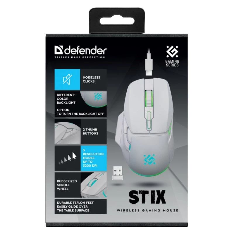 Draadloze muis DEFENDER Stix GM-009 RF — optisch 3200 DPI, 6 knoppen, dubbelhandig, USB RF, op batterij, wit