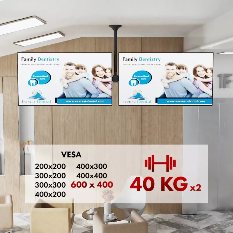 Plafondbeugel MACLEAN MC-111 B voor twee televisies, max. belasting 2×40 kg, max. VESA 600×400